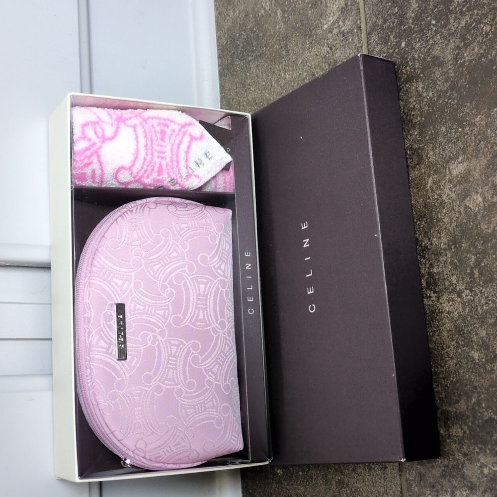 Celine New In Box Cosmetic Pink Pouch With Washcloth Towel Gift Set